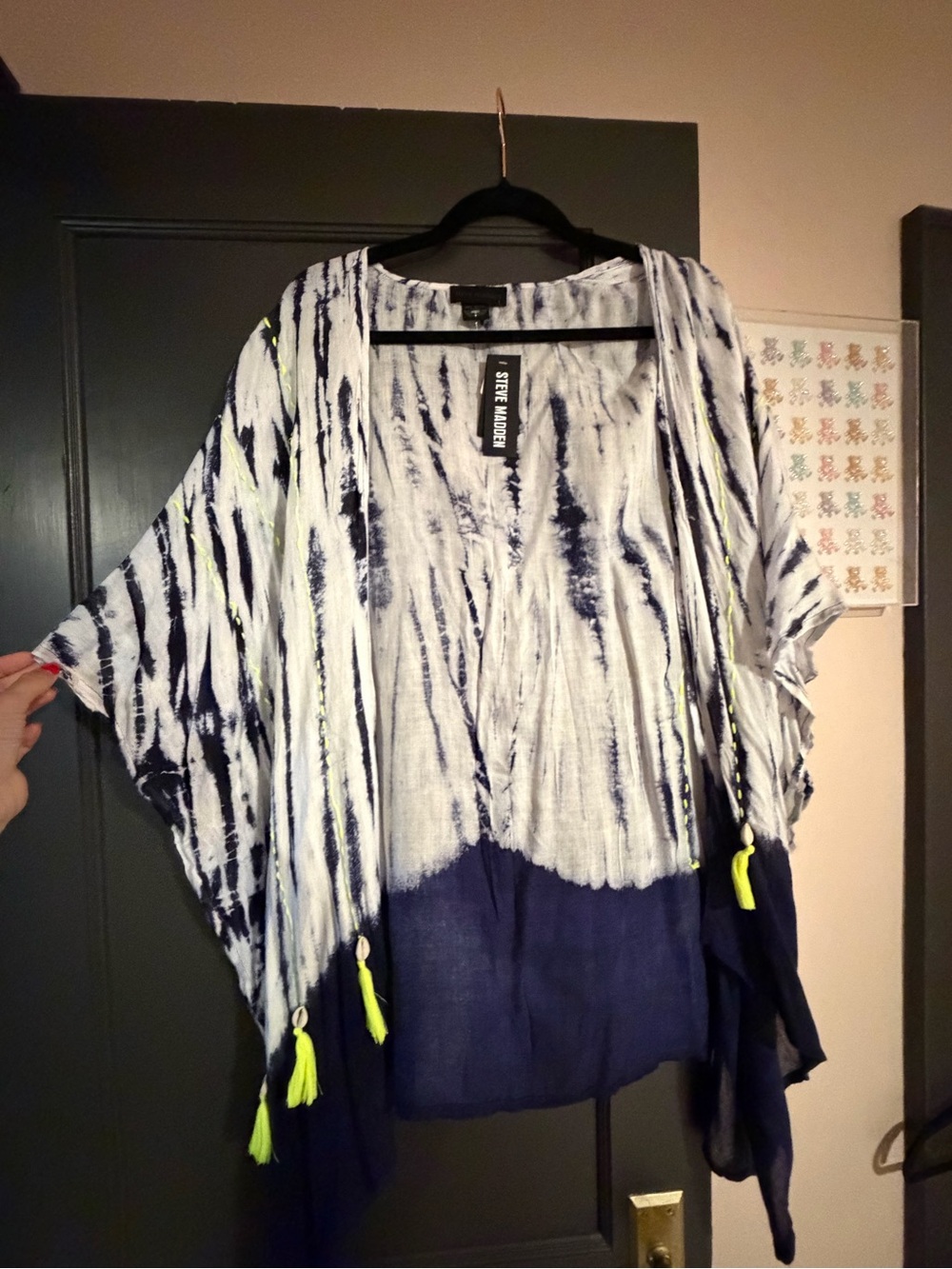 Steve Madden Navy & White Tie-Dye Kimono with Neon Tassels